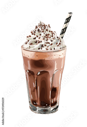 Watercolor illustration of chocolate milkshake with whipped cream and chocolate sprinkles