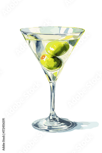 Watercolor illustration of classic martini with green olive, clear glass, soft cool pastel palette, isolated on white background