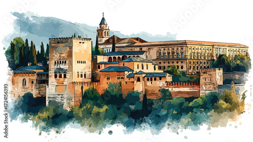 Alhambra Granada Spain Watercolor Vector Painting