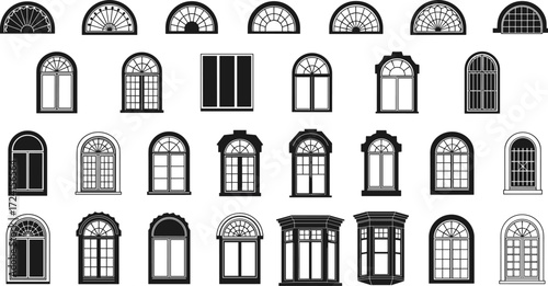Architectural window silhouettes, decorative pane styles, arched and rectangular shapes, design variety, vector illustration, building detail, classic and modern