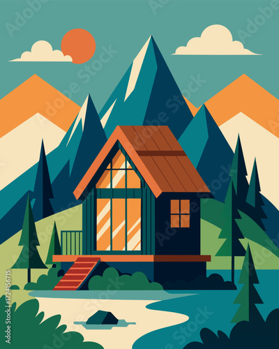 A unique offgrid cabin experience in the mountains powered solely by solar panels and offering a peaceful retreat for nature lovers.. Vector illustration