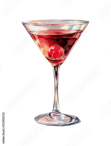 Watercolor illustration of Manhattan cocktail in martini glass, deep red tones, elegant premium style, isolated on white background
