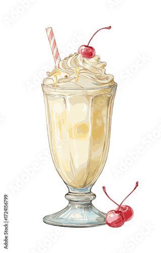 Watercolor illustration of vanilla milkshake in tall glass with whipped cream and cherry on top