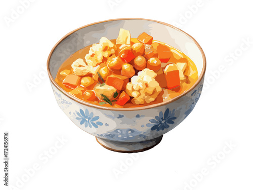 Watercolor illustration of vegan curry with chickpeas, cauliflower, carrots and coconut milk