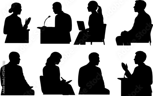 Silhouettes of people in various positions, including giving a speech, sitting and working on a laptop, and engaging in conversation or discussion.
