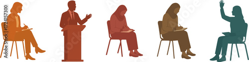 Silhouettes of people in various professional settings, including sitting, speaking at a podium, and engaging in discussions or note-taking.