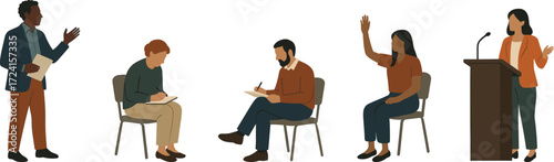 Illustration of diverse people in various work and meeting settings, including speaking at a podium, taking notes, and raising hands for participation.
