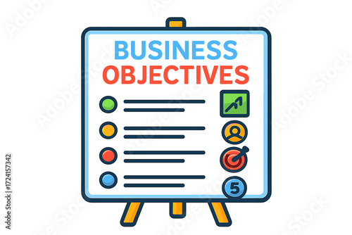 Business objectives board chart with colorful icons and checklist format  
