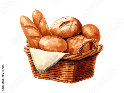 Watercolor illustration of wicker basket filled with assorted breads baguette, rolls, round loaf, cozy rustic bakery style