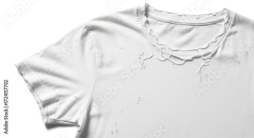 Close up of a white t shirt with distressed neckline isolated on white background