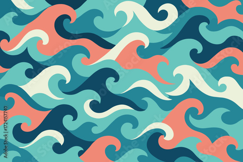 A lively and colorful wave pattern featuring bold shades of turquoise, coral, and cream, capturing the movement and flow of the ocean in a playful design.