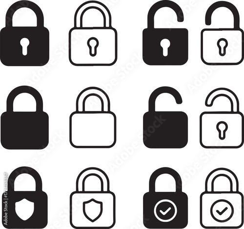 Twelve security padlock icons in solid and outline styles with shields and checkmarks Keywords: lock