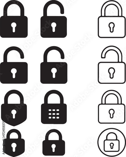 Twelve security padlock icons in solid and outline styles with shields and keypad Keywords: lock, padlock