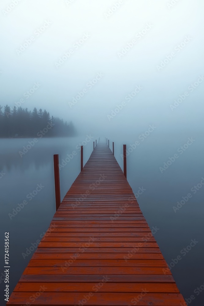 Naklejka premium Misty Serenity Tranquil Brown Pier Vanishing into a White Fog Over Calm Reflective Waterscape