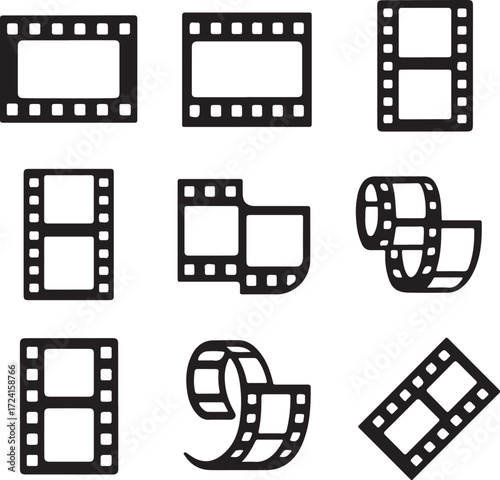 Collection of nine black and white film strip icons on white background movie cinema