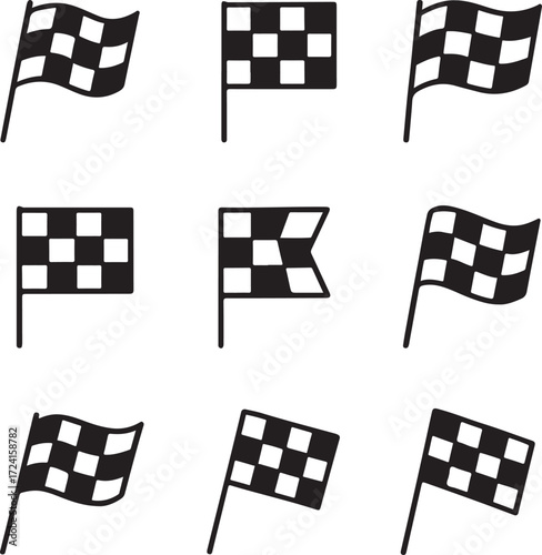 Collection of nine black and white checkered racing flag icons checkered flag finish line