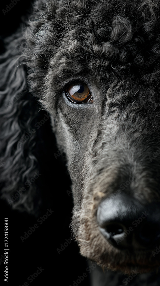 Fototapeta premium Close-up portrait of black curly-haired dog against dark background.