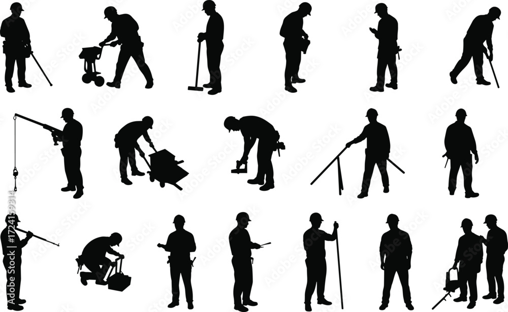 Obraz premium Construction worker silhouettes, hard hat safety, tool usage, machinery operation, job site activity, labor diversity, industrial posture, vector illustration