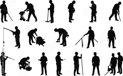 Construction worker silhouettes, hard hat safety, tool usage, machinery operation, job site activity, labor diversity, industrial posture, vector illustration