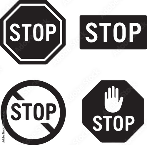 Group of Black and White Stop Signs and Prohibition Icons Keywords: stop sign, prohibition, warning, traffic