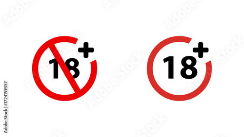 Set of 18 plus age restriction and no under eighteen prohibition warning icons isolated on transparent background