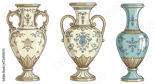 Elegant antique vases with ornate floral patterns in vintage style