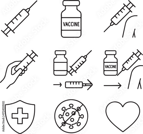 Medical vaccination icons including syringe vaccine bottle and shield Keywords: vaccine syringe medical