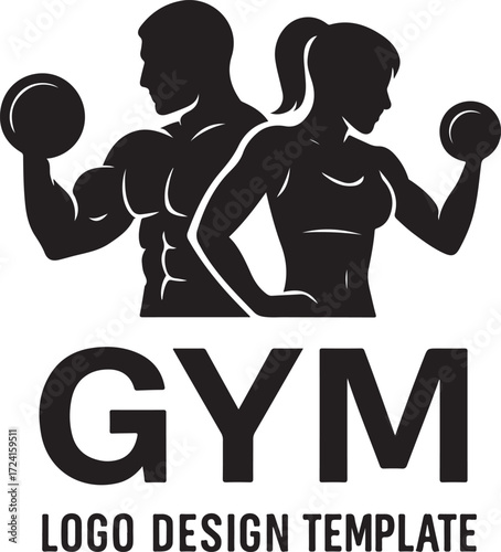 Gym Logo with Silhouettes of Fit Man and Woman Holding Dumbbells Keywords: gym, fitness, workout, exercise