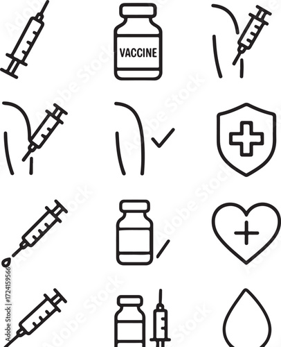 Medical vaccination icons with syringe vaccine bottle and heart symbol Keywords: vaccine syringe medical