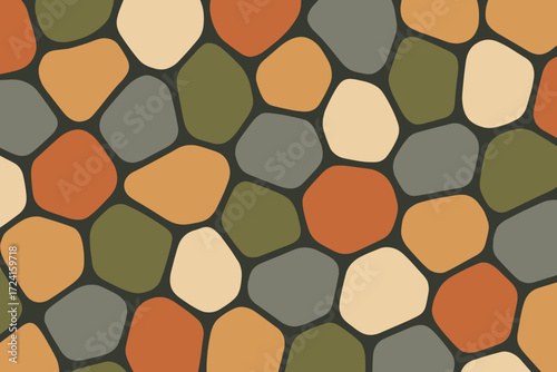 A modern, abstract pattern of irregular shapes in earthy tones like orange, green, and beige, creating a cozy and organic feel with contrasting dark outlines.