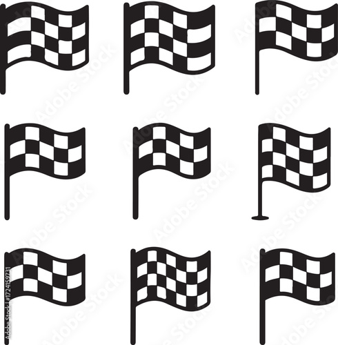 Nine black and white checkered racing flag icons on a white background checkered flag finish line