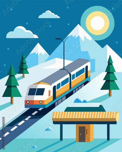 A train station in a harsh snowy climate utilizing solar power to melt the snow on the platforms and keep them safe for passengers.. Vector illustration