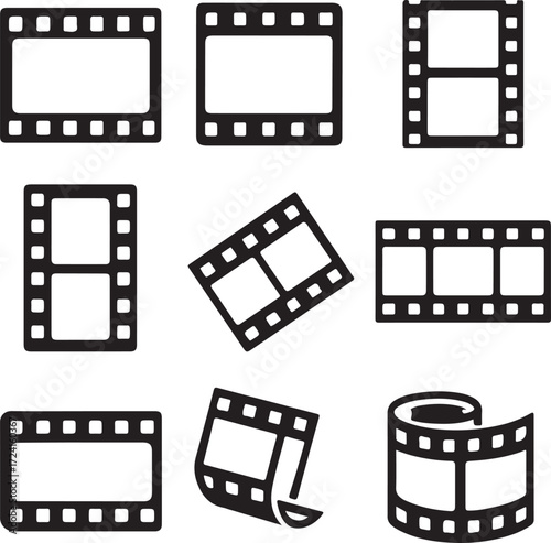 Nine black and white film strip icons in different orientations and styles movie cinema