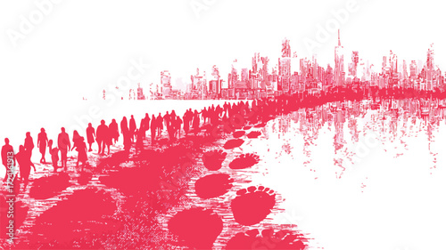 Busy Street Scene with Footprints on Road, City Crowd Walking on Pavement - Urban Lifestyle Concept