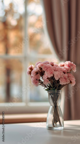 Wallpaper Mural Elegant bouquet of pink flowers in ceramic vase placed by a window. 
 Torontodigital.ca