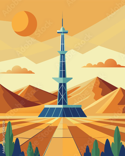 A towering structure in the middle of the desert surrounded by solar panels stretching out as far as the eye can see. It transmits signals for communication in remote rural areas.. Vector illustration