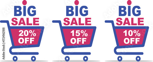 Three shopping carts with big sale signs showing different discount percentages on a white background
