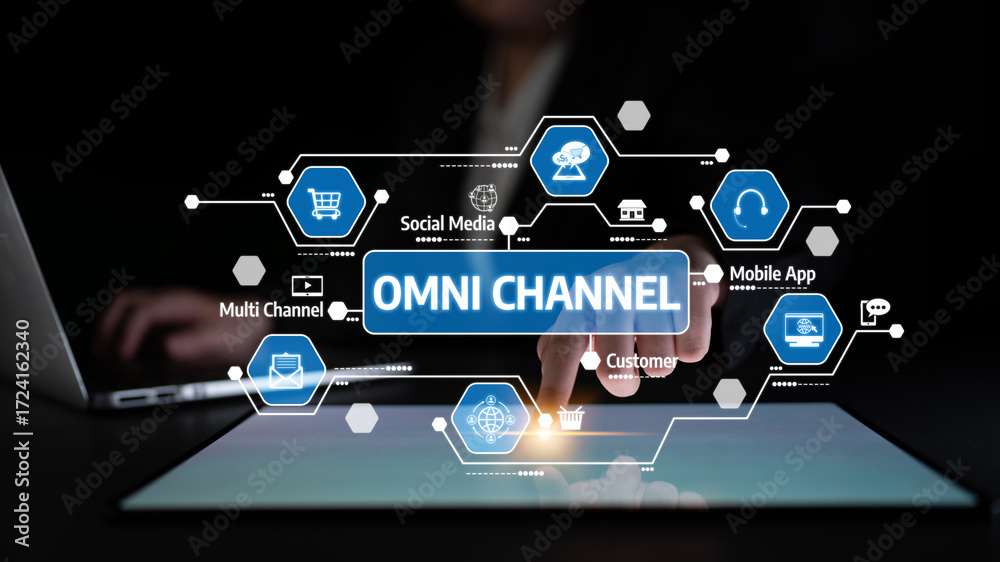 Fototapeta premium A close-up of a user interacting with a digital omni channel interface, showcasing various communication icons essential for improving customer engagement and experience. Tessel