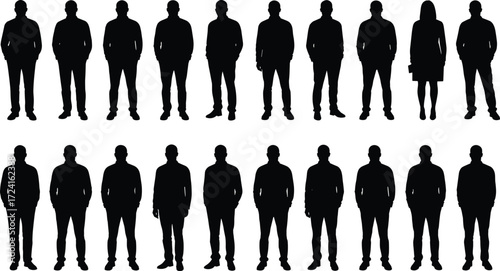 Standing silhouette group, casual posture, business attire, gender diversity, visual comparison, character lineup, vector illustration, public behavior study