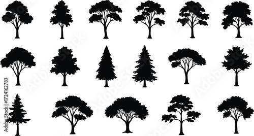 Tree silhouette collection, diverse canopy shapes, botanical study, landscape design, forest illustration, foliage variation, vector grid, natural morphology reference
