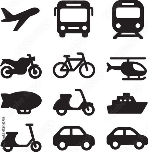 Nine solid black icons of transportation modes on white Background Keywords: airplane, bus, train