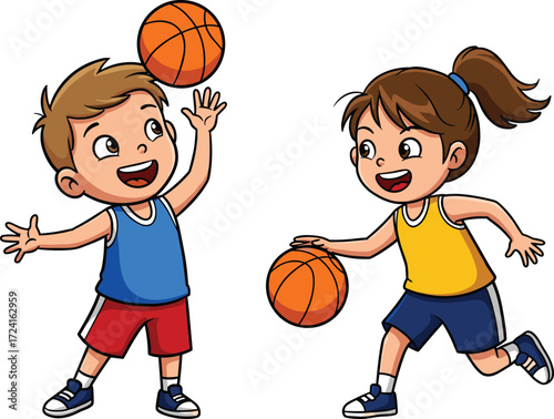 Children playing basketball, cartoon kids sports, outdoor activity, teamwork, fun game, dribbling ball, healthy lifestyle, youth exercise, smiling faces, dynamic movement