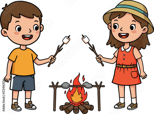 Children camping outdoors, roasting marshmallows by campfire, summer adventure, happy kids, outdoor cooking, family fun, travel lifestyle, nature exploration, holiday activity, bonding
