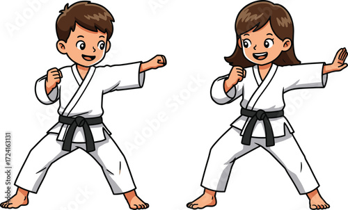 Karate kids training, martial arts practice, boy and girl sparring, karate uniform, black belt fighters, discipline, fitness, self defense, sports, focus