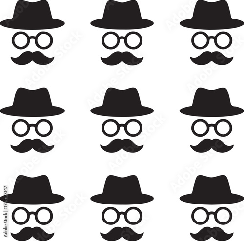 Repeating pattern of black silhouette icons of a man with hat glasses and mustache Keywords: man icon