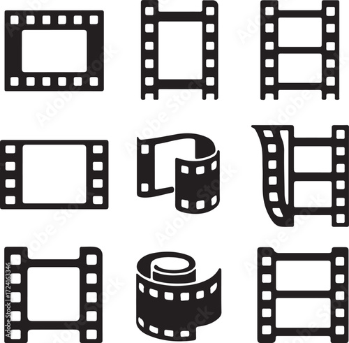 Set of nine black and white film strip icons with varied poses movie cinema