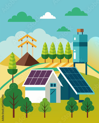 A vineyard utilizing solar panels to power the wine pressing equipment reducing their carbon footprint.. Vector illustration