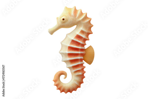 Intricate textured orange and white seahorse on black background, cut out