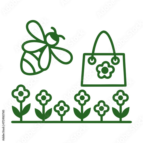 Bee and handbag with flowers in simple line art style  