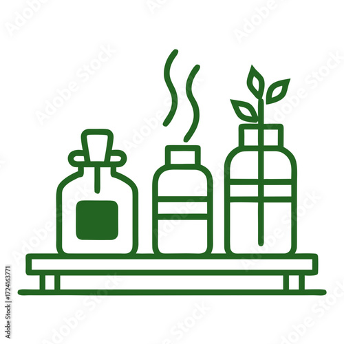 Three glass bottles with plant on wooden shelf in minimal style  